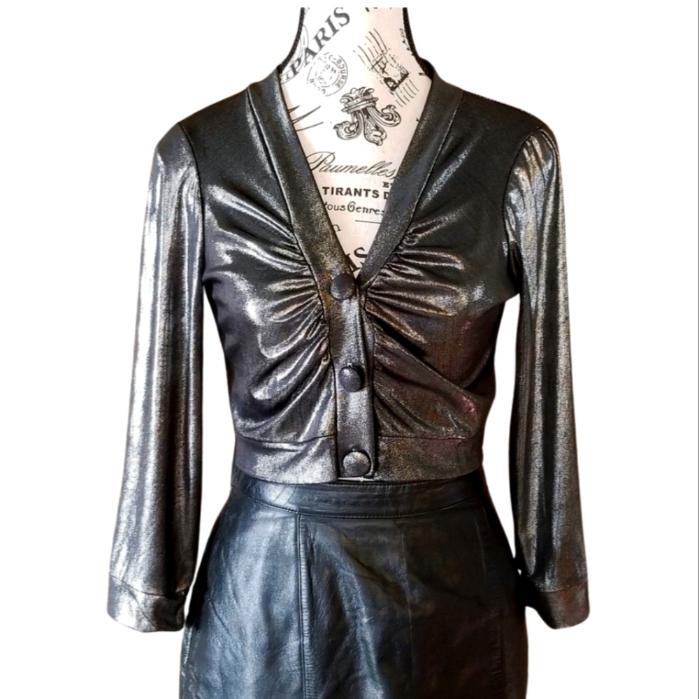 Y2K Euro Jus d’Orange Silver Gunmetal Liquid Cropped Top Made in France Small